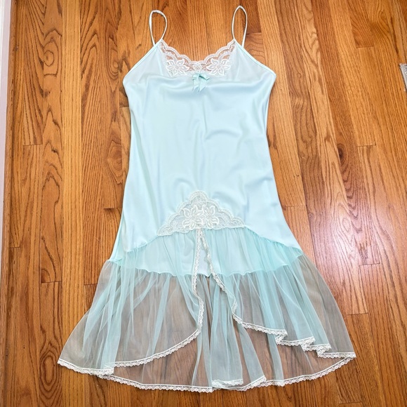 Vintage Baby Blue Satin Lace Chiffon Ethereal Peignoir Slip Nightgown Dress - Picture 10 of 14